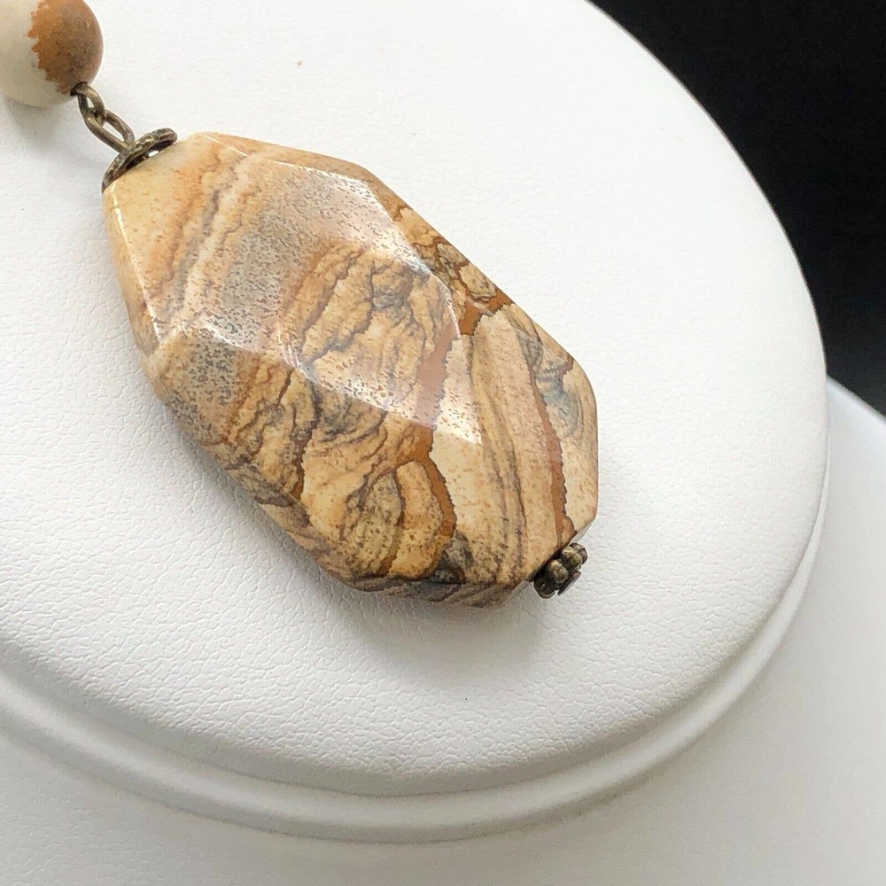 Carol Su 32" Lariat Necklace Jasper Stone Beads Earth Tone Faux Suede 7" Tassel - Picture 4 of 15